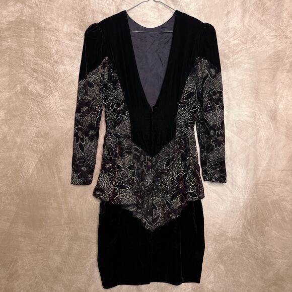 Vintage 90s Jessica McClintock Velvet Floral Peplum Dress Leg of Mutton Sleeve - Picture 5 of 10